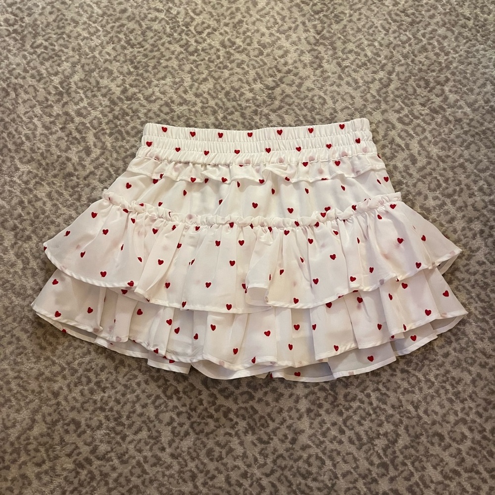 Cake For Dinner- White Mini Skirt with Red Heart Pattern (size small)